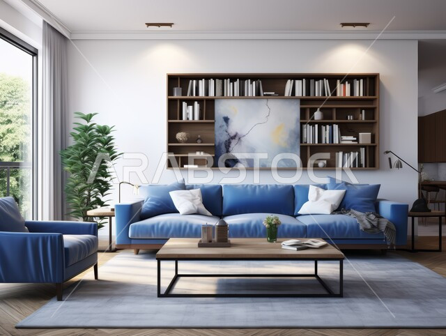 شقق وفلل سكنية في المملكة العربية السعودية ،أثاث منزلي راقي ومريح باللون الأزرق والأبيض ،غرف معيشة بتصاميم عصرية حديثة ،التحف والديكورات الداخلية الأنيقة ،غرفة جلوس فاخرة 