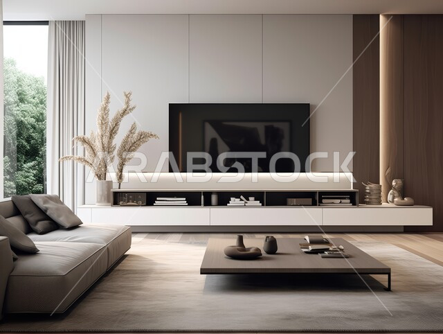 الديكورات الداخلية للفلل والشقق السكنية في المملكة العربية السعودية ،غرف معيشة بألوان راقية مع أثاث منزلي فاخر باللون الأبيض ،اكسسوارات وتحف عصرية ،التصاميم الأنيقة لغرف الجلوس على الطراز الحديث ،لوحات فنية معلقة على الجدران 