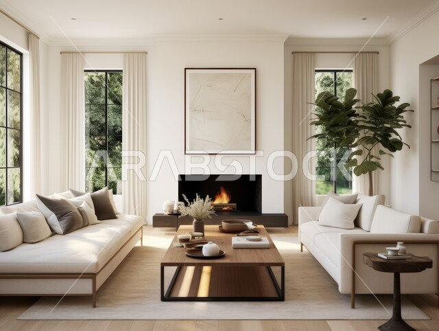 الديكورات الداخلية للفلل والشقق السكنية في المملكة العربية السعودية ،غرف معيشة بألوان راقية مع أثاث منزلي فاخر باللون الأبيض ،اكسسوارات وتحف عصرية ،التصاميم الأنيقة لغرف الجلوس على الطراز الحديث ،لوحات فنية معلقة على الجدران 