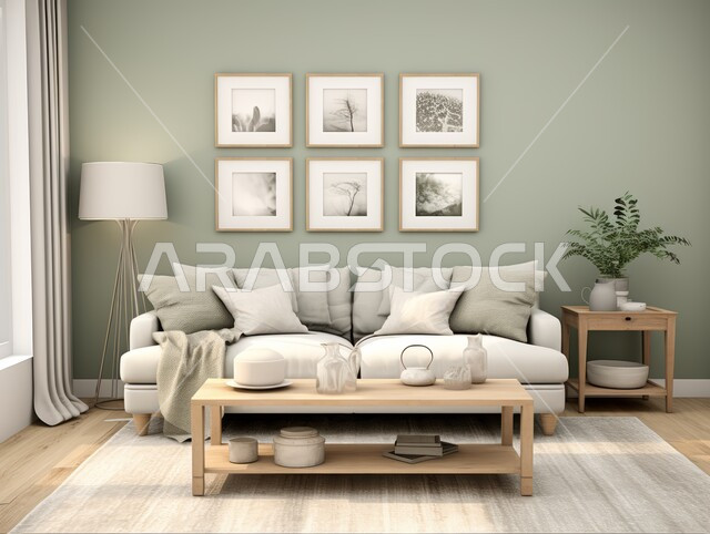 الديكورات الداخلية للفلل والشقق السكنية في المملكة العربية السعودية ،غرف معيشة بألوان راقية مع أثاث منزلي فاخر باللون الأبيض ،اكسسوارات وتحف عصرية ،التصاميم الأنيقة لغرف الجلوس على الطراز الحديث ،لوحات فنية معلقة على الجدران 