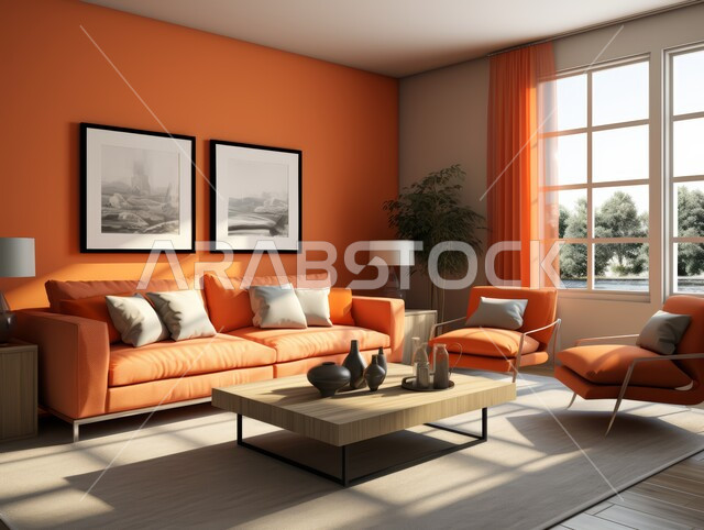 الديكورات الداخلية للفلل والشقق السكنية في المملكة العربية السعودية ،غرف معيشة بألوان راقية مع أثاث منزلي فاخر باللون الأبيض والبرتقالي ،اكسسوارات وتحف عصرية ،التصاميم الأنيقة لغرف الجلوس على الطراز الحديث ،لوحات فنية معلقة على الجدران 