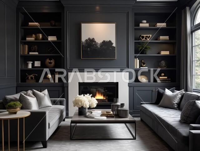 التصاميم الداخلية لغرف الجلوس المريحة على الطراز الحديث باللون الأسود ،غرفة معيشة مع أثاث منزلي فاخر ،الديكورات الداخلية الراقية للفلل والشقق السكنية في المملكة العربية السعودية ،اكسسوارات وتحف عصرية