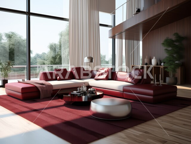 الديكورات الداخلية للفلل والشقق السكنية في المملكة العربية السعودية ،غرف معيشة بألوان راقية مع أثاث منزلي فاخر باللون الأبيض والأحمر ،اكسسوارات وتحف عصرية ،التصاميم الأنيقة لغرف الجلوس على الطراز الحديث 