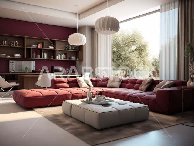 الديكورات الداخلية للفلل والشقق السكنية في المملكة العربية السعودية ،غرف معيشة بألوان راقية مع أثاث منزلي فاخر باللون الأبيض والأحمر ،اكسسوارات وتحف عصرية ،التصاميم الأنيقة لغرف الجلوس على الطراز الحديث 