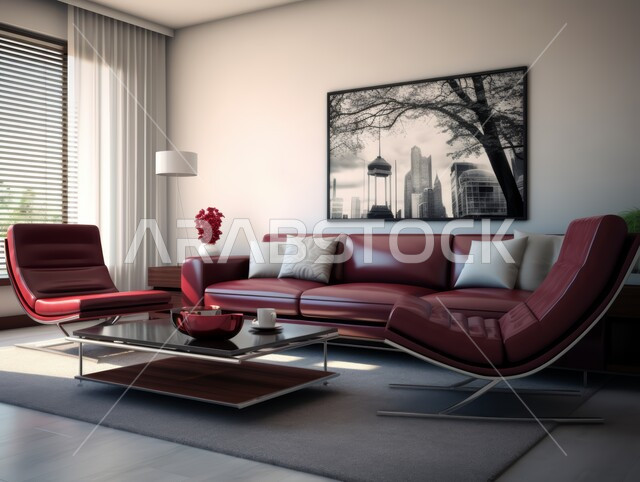 الديكورات الداخلية للفلل والشقق السكنية في المملكة العربية السعودية ،غرف معيشة بألوان راقية مع أثاث منزلي فاخر باللون الأبيض والأحمر ،اكسسوارات وتحف عصرية ،التصاميم الأنيقة لغرف الجلوس على الطراز الحديث 