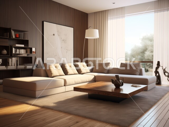 الديكورات الداخلية للفلل والشقق السكنية في المملكة العربية السعودية ،غرف معيشة بألوان راقية مع أثاث منزلي فاخر باللون البيج ،اكسسوارات وتحف عصرية ،التصاميم الأنيقة لغرف الجلوس على الطراز الحديث