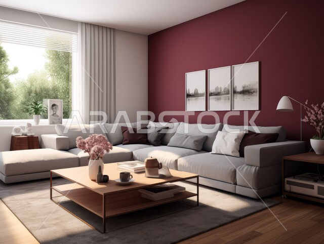 الديكورات الداخلية الراقية للفلل والشقق السكنية في المملكة العربية السعودية ،التصاميم الأنيقة لغرف الجلوس على الطراز الحديث ،اكسسوارات وتحف عصرية ،غرفة معيشة مع أثاث منزلي فاخر باللون الرمادي