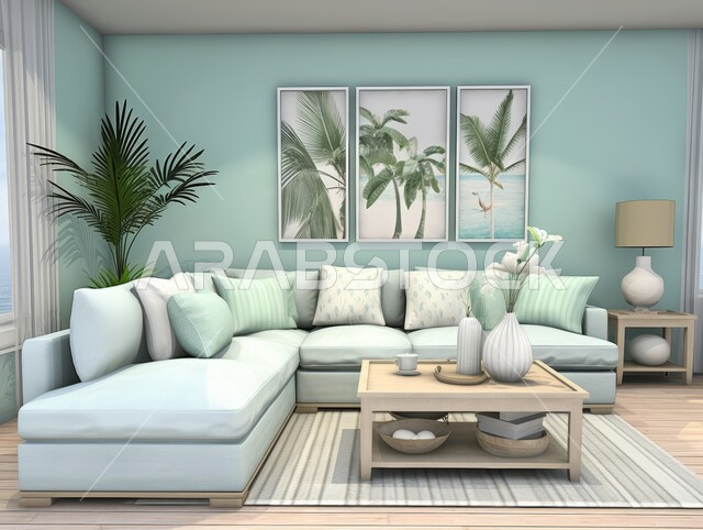 الديكورات الداخلية الراقية للفلل والشقق السكنية في المملكة العربية السعودية ،التصاميم الأنيقة لغرف الجلوس على الطراز الحديث ،اكسسوارات وتحف عصرية ،غرفة معيشة مع أثاث منزلي فاخر باللون الأبيض والأزرق الفاتح