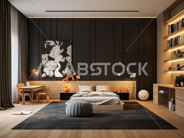 الفن الهندسي المعماري والتصميم الداخلي للمنازل والبيوت، أثاث واكسسوارات منزلية داخلية أنيقة، غرفة نوم بتصاميم عصرية حديثة باللون الأسود, شقق وفلل سكنية فاخرة، فنادق ومنتجعات بديكورات راقية