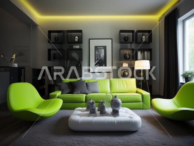 Elegant antiques and accessories, luxury living room interior decorations, residential apartments and villas in Saudi Arabia, elegant and comfortable home furniture in green