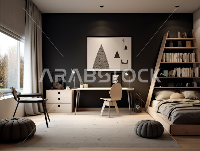 مفهوم الراحة والاسترخاء ،تصميم داخلي لغرفة نوم بأسلوب حديث ،شقق وفلل سكنية بديكورات متطورة في المملكة العربية السعودية ،غرف ذات ديكور عصري وفخم ،تحف واكسسوارات وأثاث منزلي راقي ،سرير مريح بألوان هادئة ،فنادق ومنتجعات هادئة
