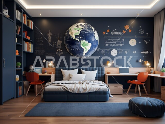 The concept of comfort and relaxation, modern style bedroom interior design, residential apartments and villas with sophisticated decorations in the Kingdom of Saudi Arabia, rooms with modern and luxurious decoration, antiques, accessories and high-end home furniture, comfortable bed in calm colors, quiet hotels and resorts