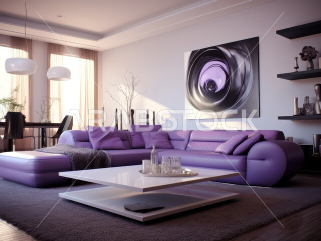 التحف والديكورات الداخليه الأنيقة، أثاث منزلي راقي ومريح باللون البنفسجي, شقق وفلل سكنية في المملكة العربية السعودية، غرف معيشه بتصاميم عصرية حديثه, غرفة جلوس فاخرة, النوافذ والواجهات الزجاجية