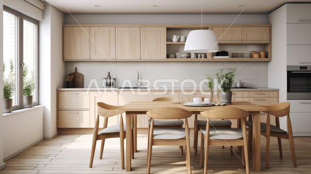 تصاميم وديكورات داخلية للمطابخ العصرية الفاخرة في المملكة العربية السعودية, مطبخ راقي باللون الأبيض والبيج, الفن الهندسي المعماري على الطراز الحديث, واجهات ونوافذ زجاجية, أدوات منزلية حديثة ومتطورة.