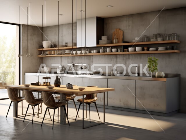 تصاميم وديكورات داخلية للمطابخ العربية  في المملكة العربية السعودية, مطبخ راقي باللون الرمادي الفاتح ،الفن الهندسي المعماري على الطراز الحديث, واجهات ونوافذ زجاجية, أدوات منزلية حديثة ومتطورة، أثاث منزلي راقي