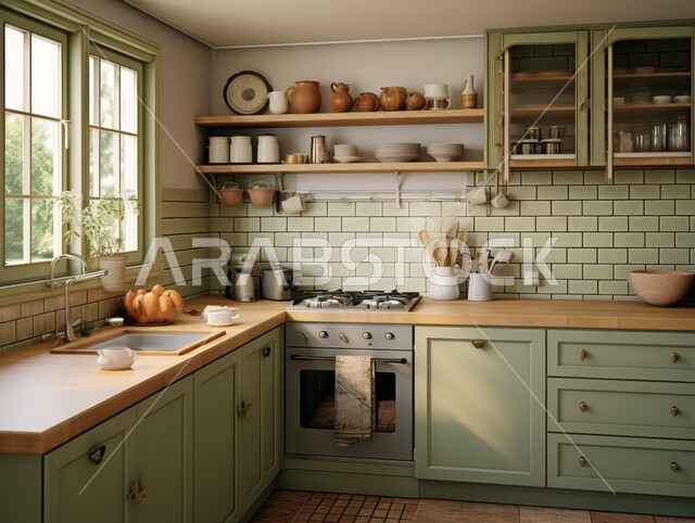 الديكورات العصرية للمطابخ ،شقق وفلل سكنية في المملكة العربية السعودية ،استخدام الطراز الفني البسيط في الأثاث ،النوافذ والواجهات الزجاجية ،تناسق الألوان البني والأبيض 