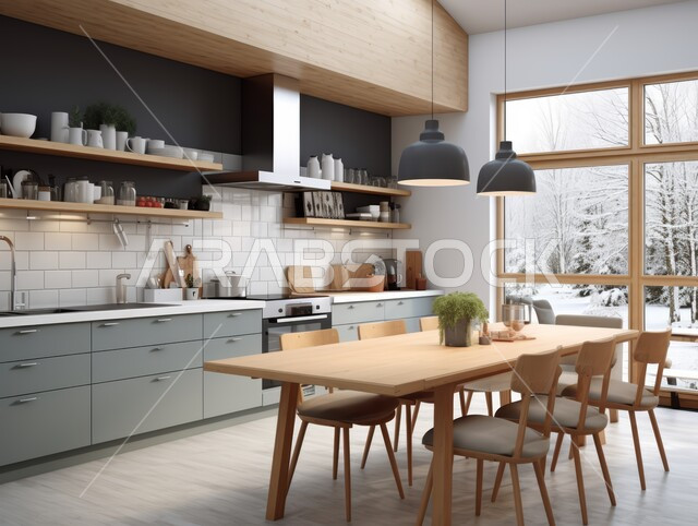 Using elegant artistic style in home furniture, modern decorations for luxurious Arabic kitchens in harmonious colors, distinctive interior designs for villas and residential apartments in the Kingdom of Saudi Arabia