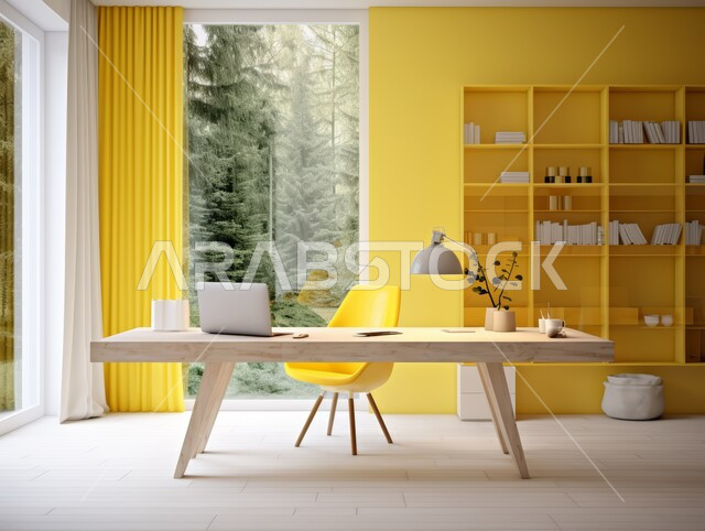مكتب عمل بواجهه زجاجية كبيرة باطلالة على الطبيعة، طاولة عمل مجهزة باللوازم المكتبية، العمل على الحاسوب المحمول، استخدام الاجهزة التقنية الحديثة في المكاتب، مهن ووظائف ادارية، ديكورات وتصاميم وأثاث باللون الاصفر والابيض