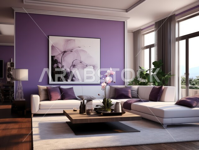  غرف معيشه بتصاميم عصرية حديثه, التحف والديكورات الداخليه الأنيقة، غرفة جلوس فاخرة، شقق وفلل سكنية في المملكة العربية السعودية, أثاث منزلي راقي ومريح باللون الابيض والبنفسجي