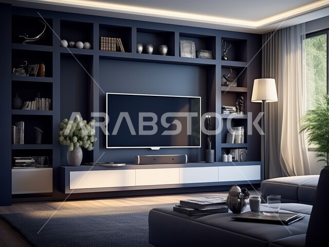  غرف معيشه بتصاميم عصرية حديثه, التحف والديكورات الداخليه الأنيقة، غرفة جلوس فاخرة، شقق وفلل سكنية في المملكة العربية السعودية, أثاث منزلي راقي ومريح باللون الكحلي