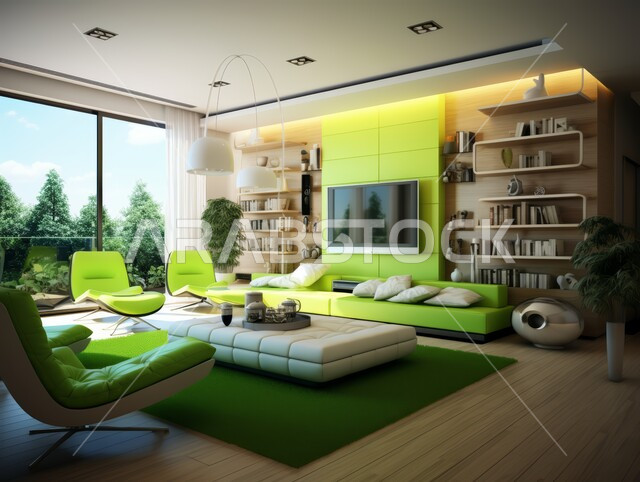  غرف معيشه بتصاميم عصرية حديثه, التحف والديكورات الداخليه الأنيقة، غرفة جلوس فاخرة، شقق وفلل سكنية في المملكة العربية السعودية, أثاث منزلي راقي ومريح باللون الاخضر