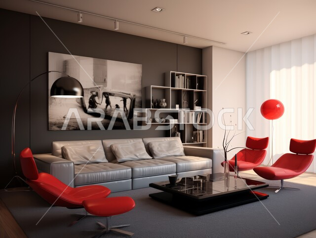  غرف معيشه بتصاميم عصرية حديثه, التحف والديكورات الداخليه الأنيقة، غرفة جلوس فاخرة، شقق وفلل سكنية في المملكة العربية السعودية, أثاث منزلي راقي ومريح باللون الرمادي والاحمر