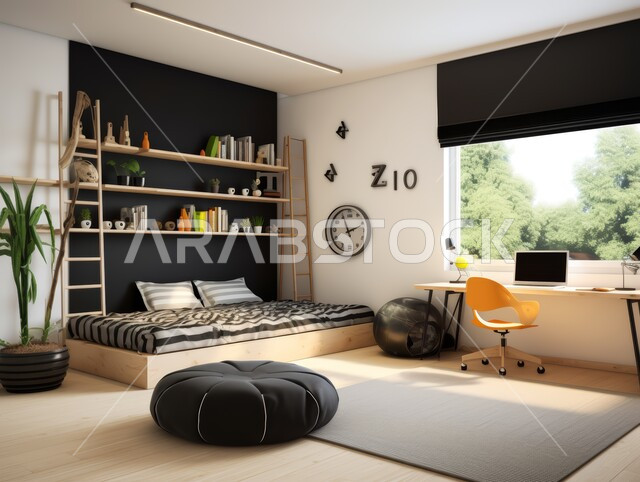 التصميم الداخلي للمنازل والبيوت باللون الابيض والاسود، أثاث واكسسوارات منزلية داخلية أنيقة، غرفة نوم بتصاميم عصرية حديثة, شقق وفلل سكنية فاخرة، فنادق ومنتجعات بديكورات راقية في المملكة العربية السعودية