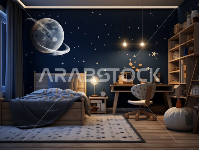 غرفة نوم مُصممة على طراز الفضاء، التصميم الداخلي للمنازل والبيوت، أثاث واكسسوارات منزلية داخلية أنيقة، شقق وفلل سكنية فاخرة، فنادق ومنتجعات بديكورات راقية في المملكة العربية السعودية