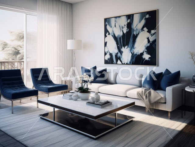 التحف والديكورات الداخليه الأنيقة، غرفة جلوس فاخرة، شقق وفلل سكنية في المملكة العربية السعودية، أثاث منزلي راقي ومريح باللون الكحلي والأبيض, غرف معيشه بتصاميم عصرية حديثه