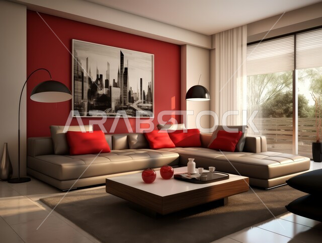 التحف والديكورات الداخليه الأنيقة، غرفة جلوس فاخرة، شقق وفلل سكنية في المملكة العربية السعودية، أثاث منزلي راقي ومريح باللون الأحمر والأبيض, غرف معيشه بتصاميم عصرية حديثه