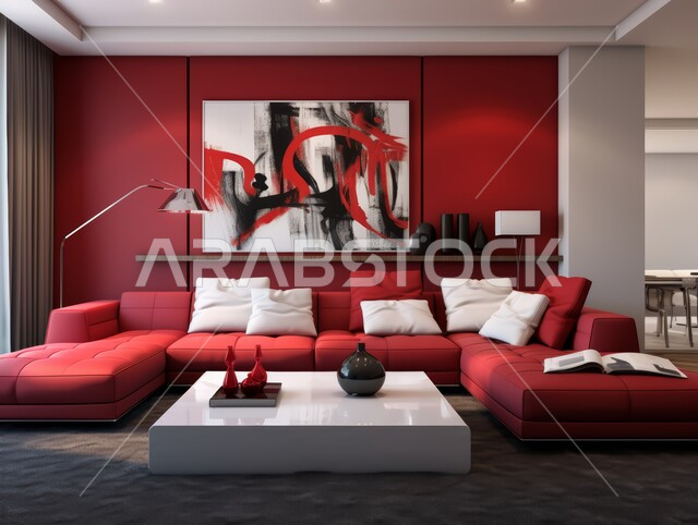 التحف والديكورات الداخليه الأنيقة، غرفة جلوس فاخرة، شقق وفلل سكنية في المملكة العربية السعودية، أثاث منزلي راقي ومريح باللون الأحمر والأبيض, غرف معيشه بتصاميم عصرية حديثه