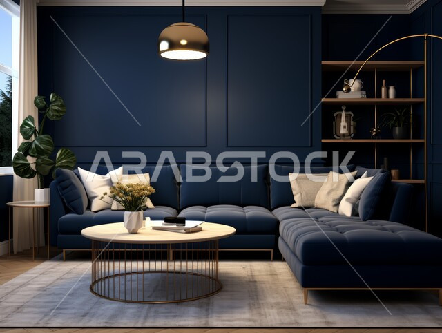 التحف والديكورات الداخليه الأنيقة، غرفة جلوس فاخرة، شقق وفلل سكنية في المملكة العربية السعودية، أثاث منزلي راقي ومريح باللون الكحلي والأبيض, غرف معيشه بتصاميم عصرية حديثه