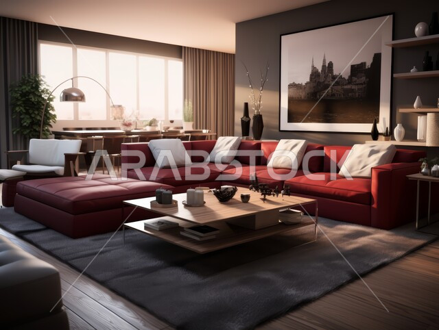 التحف والديكورات الداخليه الأنيقة، غرفة جلوس فاخرة، شقق وفلل سكنية في المملكة العربية السعودية، أثاث منزلي راقي ومريح باللون الأحمر والأبيض, غرف معيشه بتصاميم عصرية حديثه