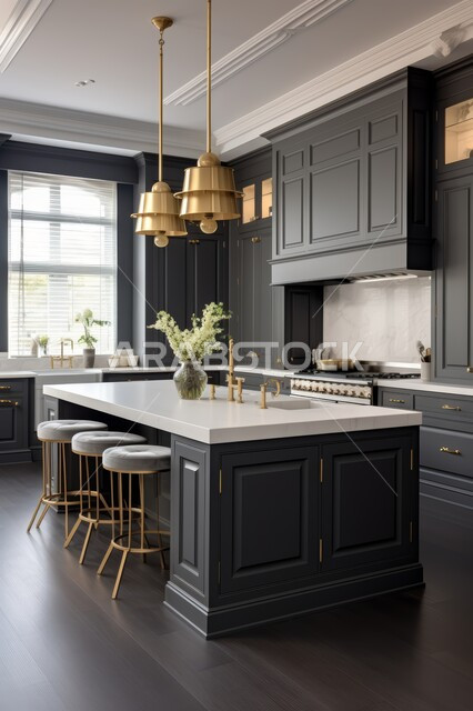 استخدام الطراز الفني الأنيق في الآثاث المنزلي، الديكورات العصرية للمطابخ العربية الفاخرة باللون الاسود، تصاميم داخلية متميزة للفلل والشقق السكنية في المملكة العربية السعودية