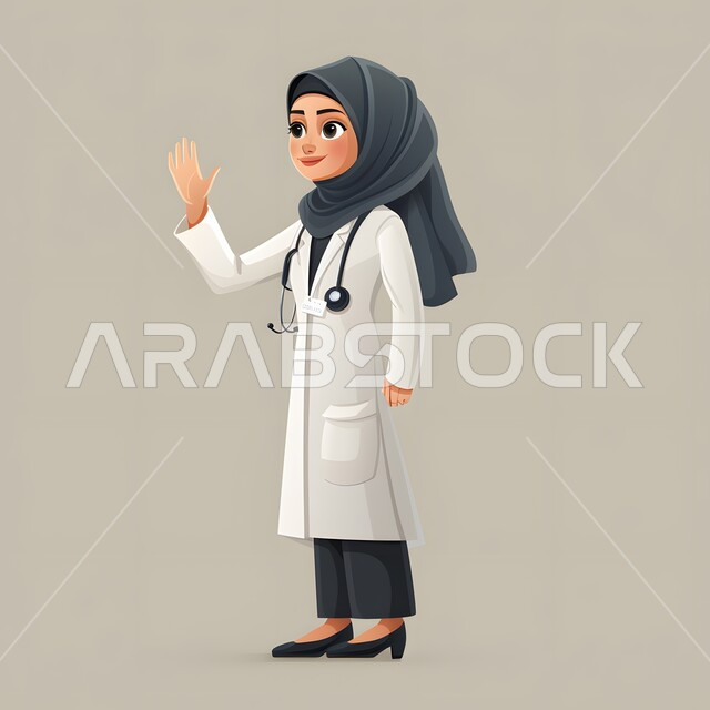 ايماءات التحية والسلام، تقديم الخدمات العلاجية في المستشفيات، العمل في القطاع الطبي، رسوم توضيحية ثلاثية الأبعاد لطبيبة عربية خليجية سعودية محجبة ترتدي المعطف الابيض ترفع يدها بتعابير الاستقبال، صورة الجسم بالطول الكامل، خلفية رمادية
