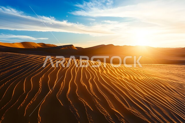 منظر أشعة الشمس على الرمال الذهبية الناعمة, الكثبان الرملية الكثيفة في الصحراء, التضاريس و المرتفعات في صحاري المملكة العربية السعودية, الطبيعة الصحراوية الجافة