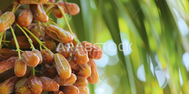 محمية طبيعية لزراعة أشجار النخيل في المملكة العربية السعودية، صورة مقربة لعناقيد حبات الرطب الطازجة، الاهتمام بالاشجار والنباتات الخضراء المثمرة، منتجات ومحاصيل زراعيه محلية وطنية، موسم حصاد التمور