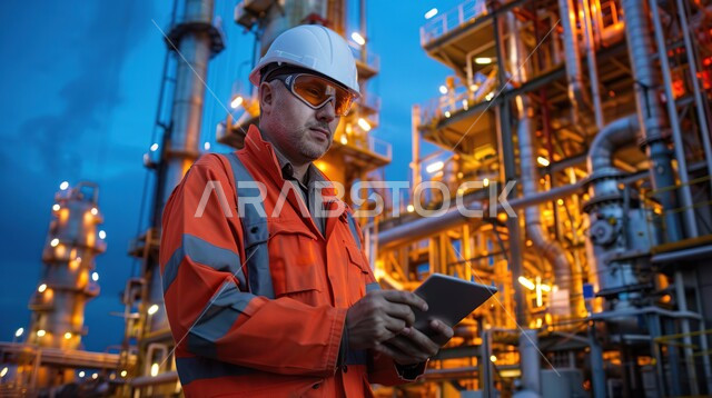 دمج الأجهزة التقنية الحديثة في الأعمال الهندسية, العمل في القطاع الهندسي, مهندس عربي خليجي سعودي يرتدي سترة و خوذة الحماية يقف داخل المصنع و يمسك الجهاز اللوحي بيديه, مصنع تكرير النفط والغاز في المنطقة الصناعية, صناعات ومشاريع بيتروكيماوية
