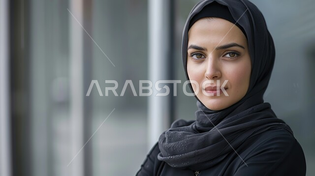 Elegance and interest in appearance, the concept of femininity and softness, a close-up photo of a smiling Saudi Arabian Gulf young woman wearing the hijab looking at the camera with gestures of happiness and pleasure