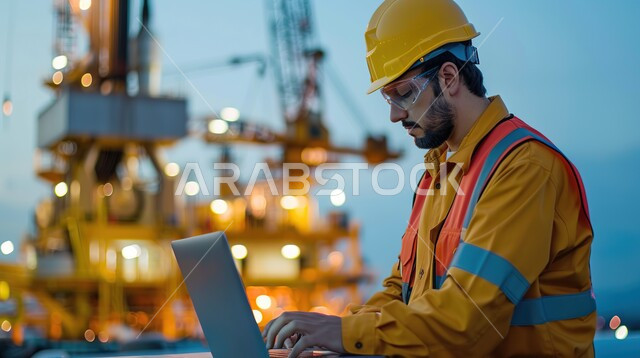 Integrating modern technical devices into engineering work, working in the engineering sector, a Saudi Arabian Gulf engineer wearing a protective jacket and helmet working on a laptop, factories and laboratories in the industrial area