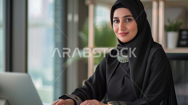 Integrating modern technologies into daily life, looking at the camera with gestures of happiness and pleasure, a smiling veiled Saudi Arabian Gulf woman wearing a black abaya sitting at the table and working on a laptop