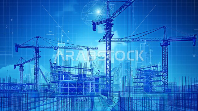 Heavy machinery and equipment, cranes and high scaffolding, construction works, concrete pouring and foundation laying, building under construction in Saudi Arabia, concept of structural and architectural engineering, implementation of construction plan and forming of metal structure, 3D holographic background