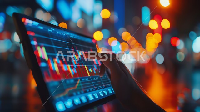 تحليل البيانات المالية والمصرفية، مراقبة الرسوم والمخططات البيانية، سوق البورصة العالمي، تداول العملة الرقمية، مفهوم التجارة والاقتصاد، ارتفاع وانخفاض الأسهم, صورة مقربة ليد تمسك الجهاز اللوحي 