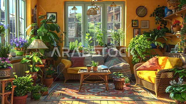 غرفة جلوس كلاسيكية مريحة هادئة باللون الأصفر, الاهتمام بزراعة نباتات الزينة الخضراء, ديكورات و تصاميم عصرية حديثة, تحف و إكسسوارات وأثاث منزلي راقي