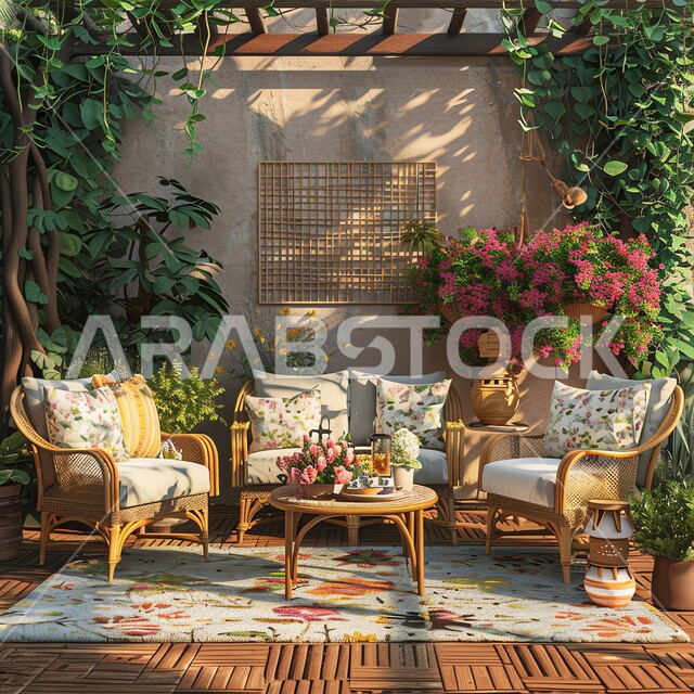 الفنون الهندسية المعمارية للشقق و الفلل السكنية على الطراز الحديث، الاهتمام بزراعه النباتات والأشجار الخضراء في حديقة المنزل، تصاميم وديكورات خشبية تقليدية للجلسات الخارجية