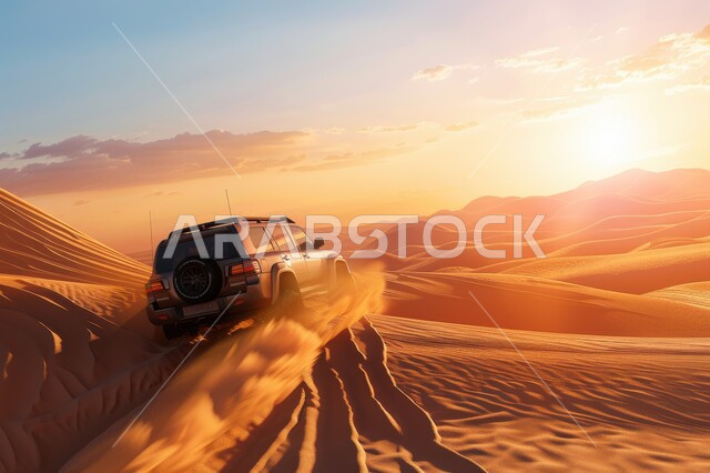 مغامرة شيقة على الرمال الذهبية الناعمة في صحاري المملكة العربية السعودية، أنشطة صحراوية ممتعة، قيادة سيارة الدفع الرباعي وسط الصحراء، مغامرات سفاري على الكثبان الرملية