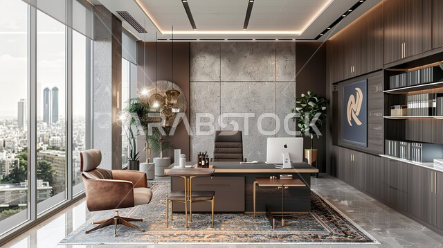 Stylish interior designs and decorations with luxurious and comfortable furniture for office rooms, advanced architecture, reading and sitting rooms, modern design for home office rooms in Saudi Arabia