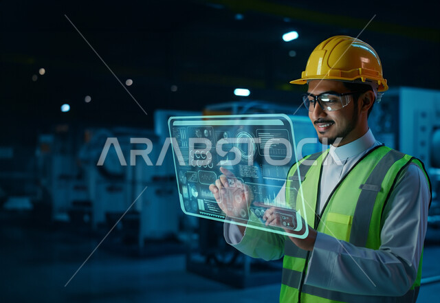 مفهوم التحول الرقمي، التقدم والتطور التقني, دمج التقنيات الحديثة بالأعمال الهندسية، مهندس عربي خليجي سعودي يرتدي سترة و خوذة الحماية يقوم بالنقر على شاشة هولوجرامية ثلاثية الأبعاد