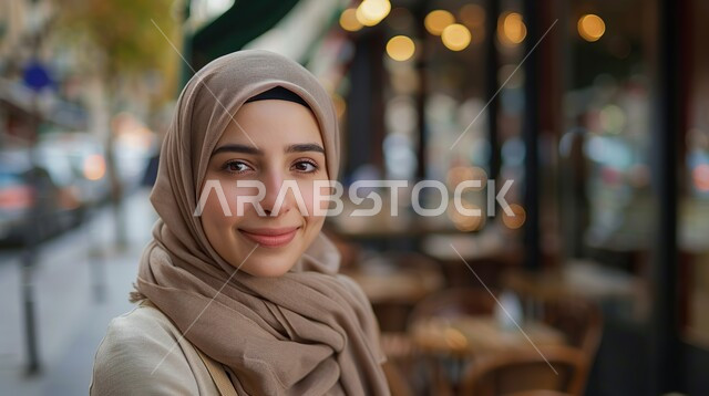 مفهوم الأنوثة والملامح الناعمة, صورة مقربة لإمرأة عربية خليجية سعودية محجبة مبتسمة ترتدي العباءة البيج تنظر إلى الكاميرا, الاهتمام بالمظهر الخارجي, أناقة النساء السعوديات