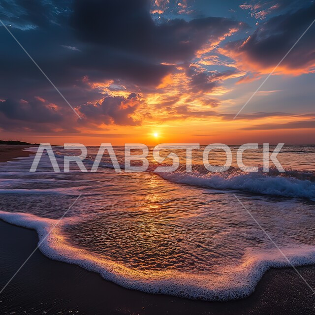 الاستجمام والاستمتاع بالأجواء الهادئة وقت غروب الشمس فوق البحر, أماكن السياحة الطبيعية في المملكة العربية السعودية, تدفق مياه البحر الصافية على رمال الشاطئ الذهبي, وجهات جذب السياح والزوار من حول العالم, خلفية السماء الملبدة بالغيوم المتداخلة مع أشعة الشمس